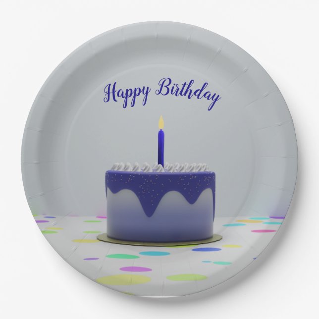 Blue Birthday Cake Paper Plates (Front)