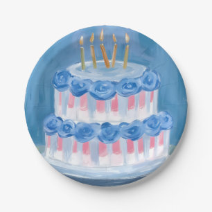 Blue Birthday Cake Watercolor Celebration Party Paper Plates