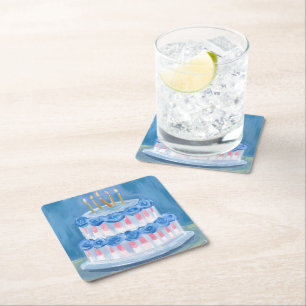 Blue Birthday Cake Watercolor Celebration Party Square Paper Coaster
