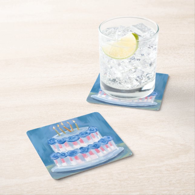 Blue Birthday Cake Watercolor Celebration Party Square Paper Coaster (Insitu)