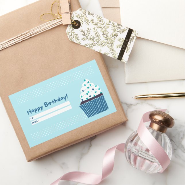 Blue Birthday Cupcake Rectangular Sticker (Gifting)