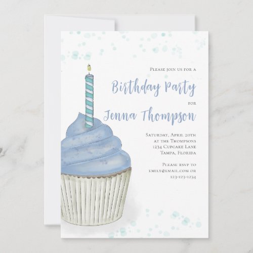 Blue Birthday Cupcake Simple Minimalist Cute Invitation