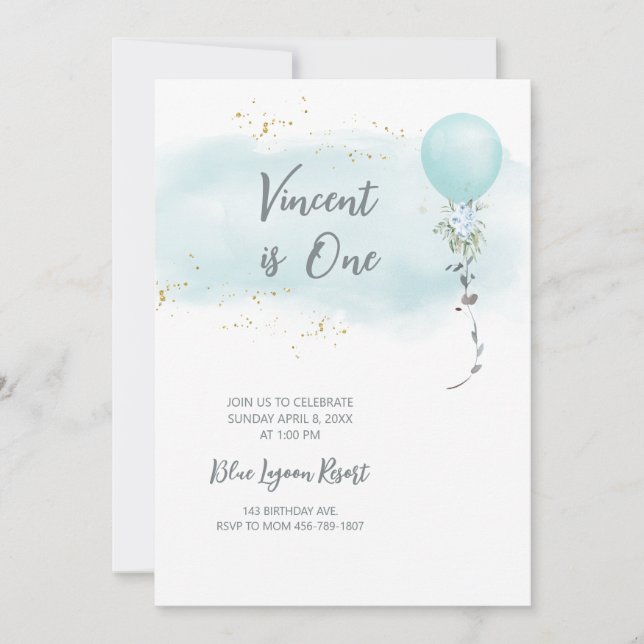 Blue Birthday Invitation baby Boy water color  (Front)