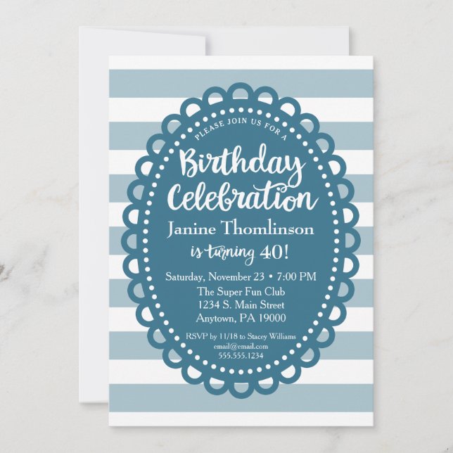 Blue Birthday Invitation Cute Wide Stripe Adult (Front)