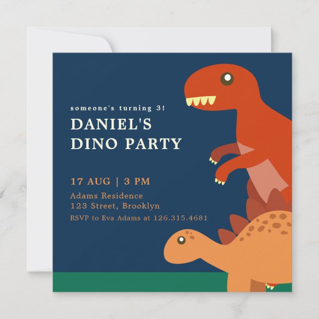 Blue Birthday Kids Dinosaur Birthday Party Invitat Invitation (Front)