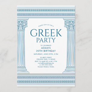 Blue Birthday Party Invitation with Greek temple