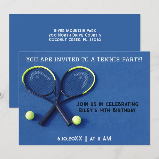Blue  Birthday Party Rackets and Balls Tennis Invitation (Front/Back)