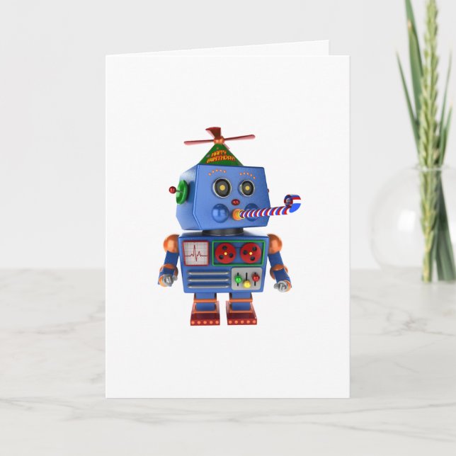 Blue birthday party toy robot card (Front)