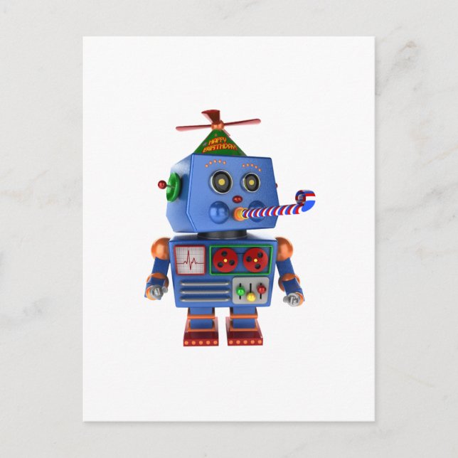 Blue birthday party toy robot postcard (Front)