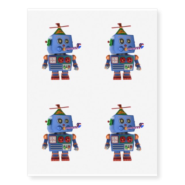 Blue birthday party toy robot temporary tattoos (Front)
