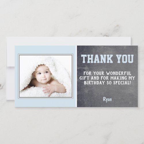 Blue Birthday Thank you Photo Card Kids - Cute birthday thank you card to thank your guests. Personalize the card with your photo and name. You can also change the thank you text and write your own. The text is in blue and white colors. The background is a modern grey chalkboard texture and pastel blue.