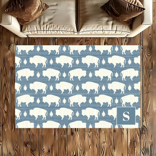 Blue Bison Pattern Boho Monogram Rug