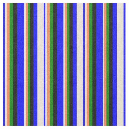 Blue, Bisque, Coral, Green & Black Stripes Fabric