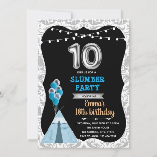 Blue black 10th birthday slumber party invitation