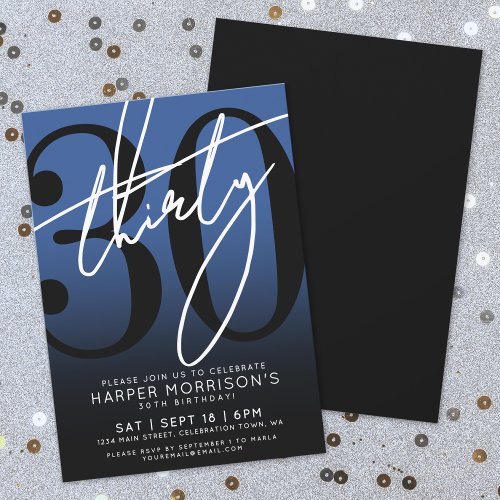 Blue Black 30th Birthday Party Invitation