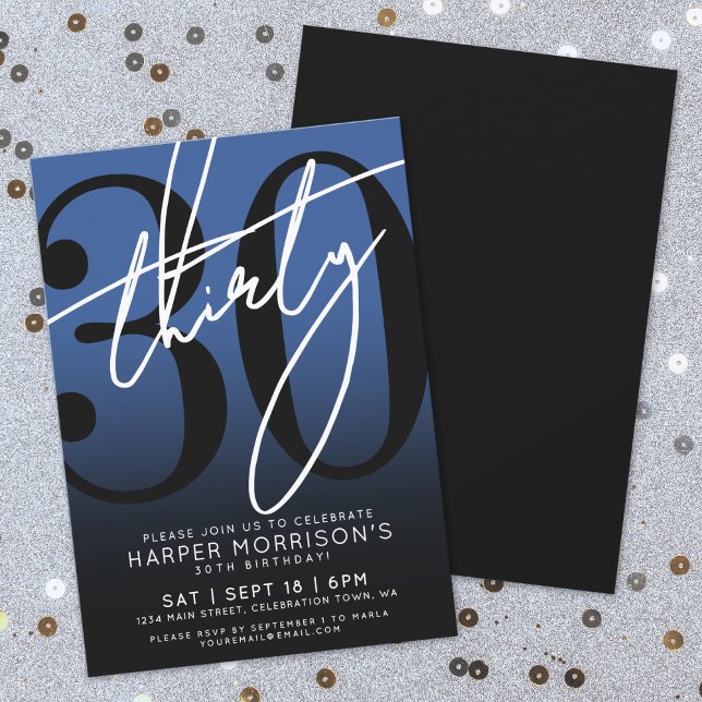 Blue Black 30th Birthday Party Invitation (Blue Black 30th Birthday Party Invitation)