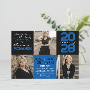 Blue & Black 3 Photo Graduation Invitation