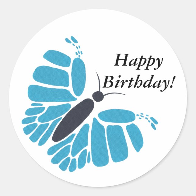 Blue black abstract butterfly birthday stickers (Front)