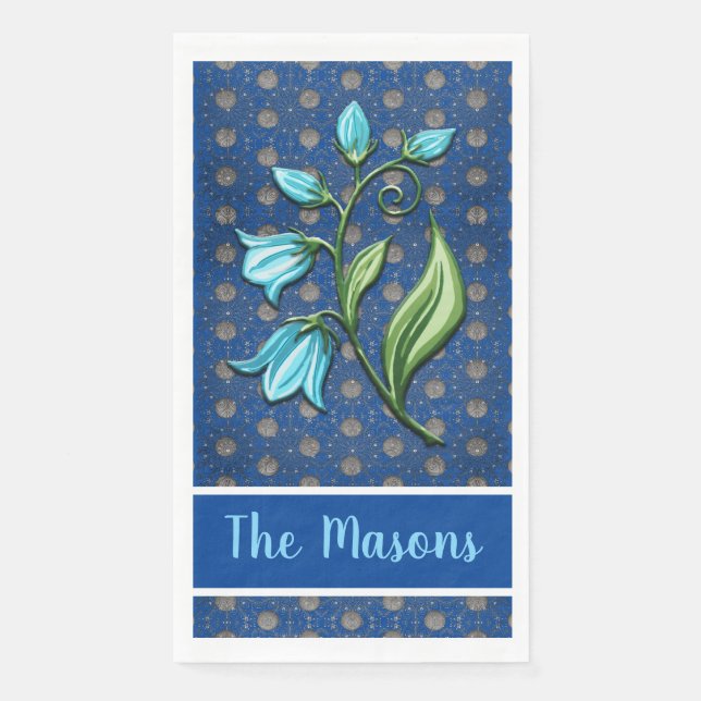 Blue, Black, and Gray Polka Dots Bellflowers Paper Guest Towels (Front)