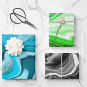 Blue, Black and Green Marble Fluid Art Wrapping Paper Sheets