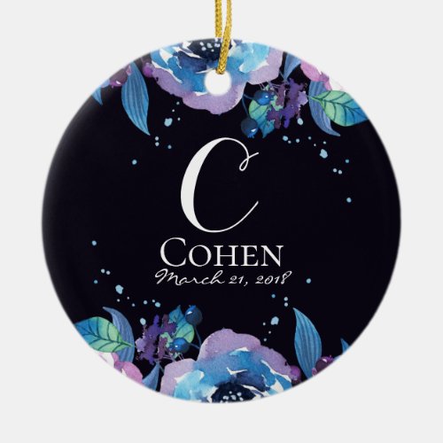 Blue Black and Purple Floral Wedding Monogram Ceramic Ornament