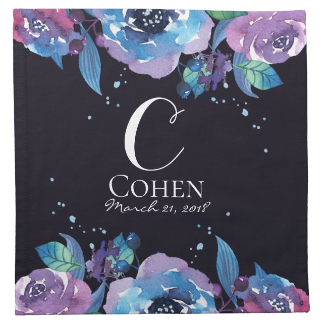 Blue Black and Purple Floral Wedding Monogram Napkin (Front)