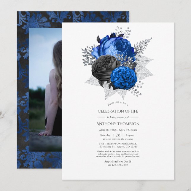 Blue, Black and Silver Floral Celebration of Life Invitation (Front/Back)