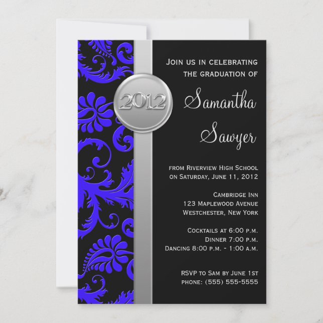 Blue, Black, and Silver LOOK Graduation Invitation (Front)
