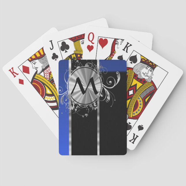 Blue black and silver monogram poker cards (Back)
