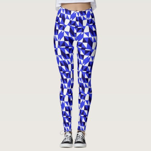Blue Black and White Abstract Geometric Leggings