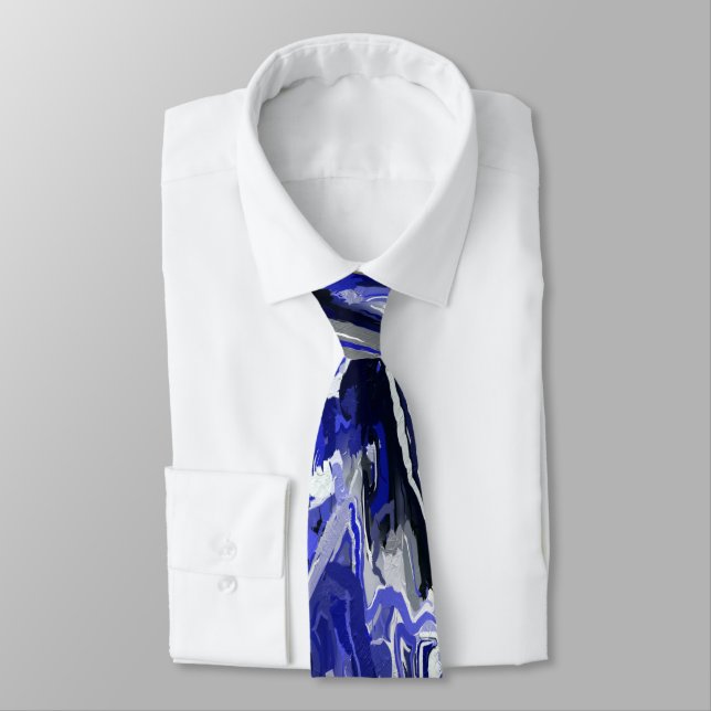 Blue, Black and White Abstract Neck Tie (Tied)