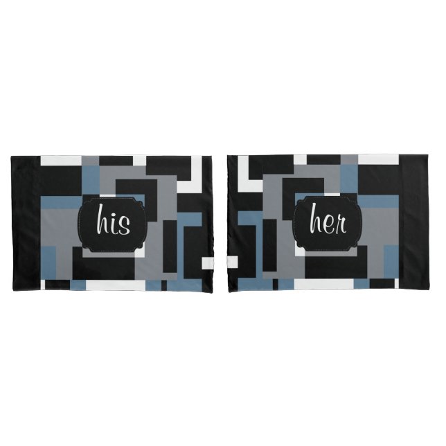 Blue, Black and White Abstract Pattern Pillow Case (Front-Set)