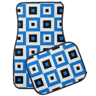 Blue Black and White Checkered Squares Pattern Car Floor Mat