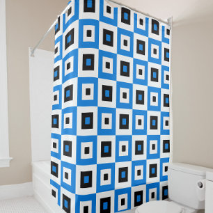 Blue Black and White Checkered Squares Pattern Shower Curtain