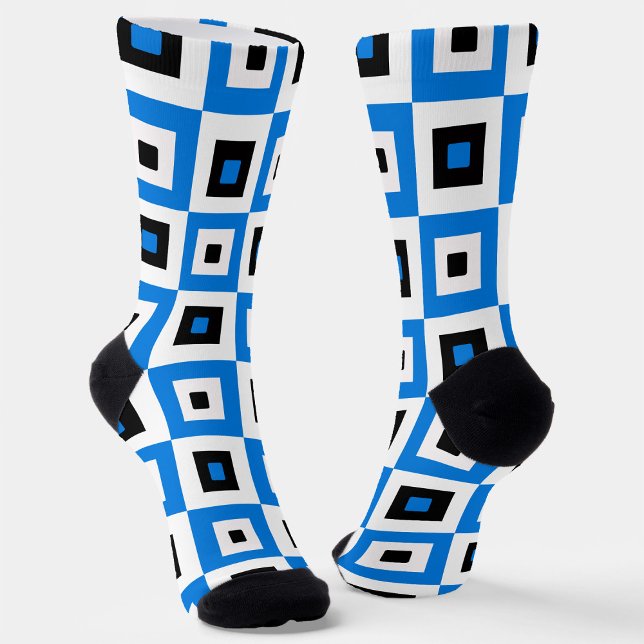 Blue Black and White Checkered Squares Pattern Socks (Creator Uploaded)
