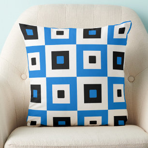 Blue Black and White Checkered Squares Pattern Throw Pillow