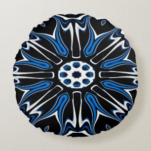 Blue, Black and White Estonia Flower Art Round Pillow