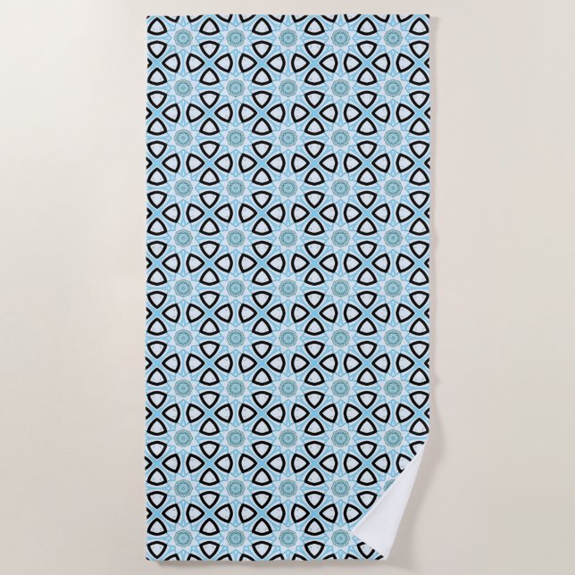 Blue, black and white geometric patterned  beach towel (Front)