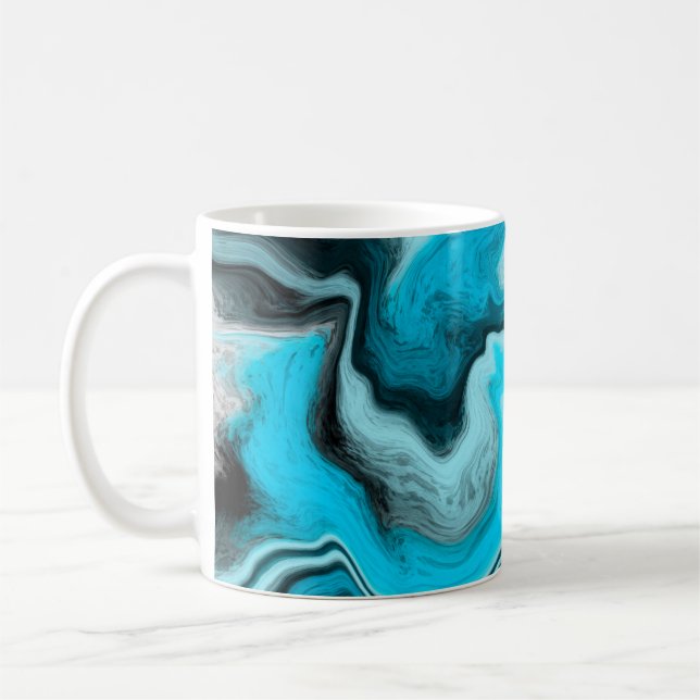 Blue, Black and White Marble Fluid Art Coffee Mug (Left)