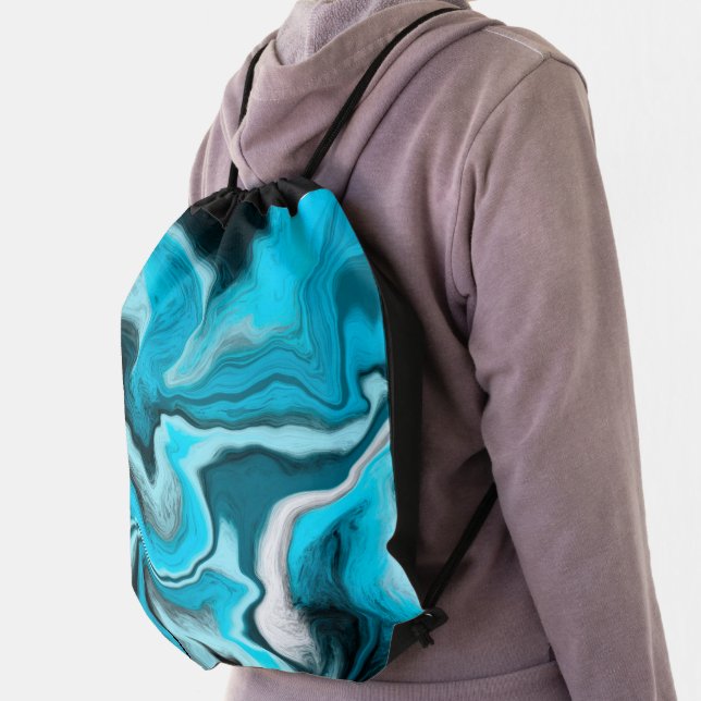 Blue, Black and White Marble Fluid Art  Drawstring Bag (Insitu)
