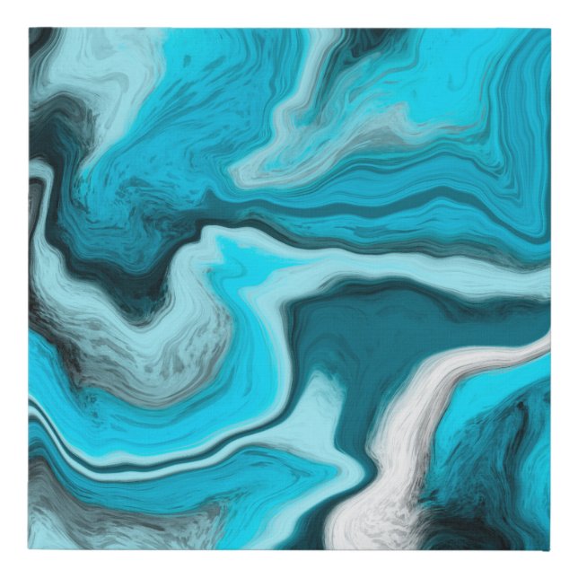 Blue, Black and White Marble Fluid Art  Faux Canvas Print (Front)