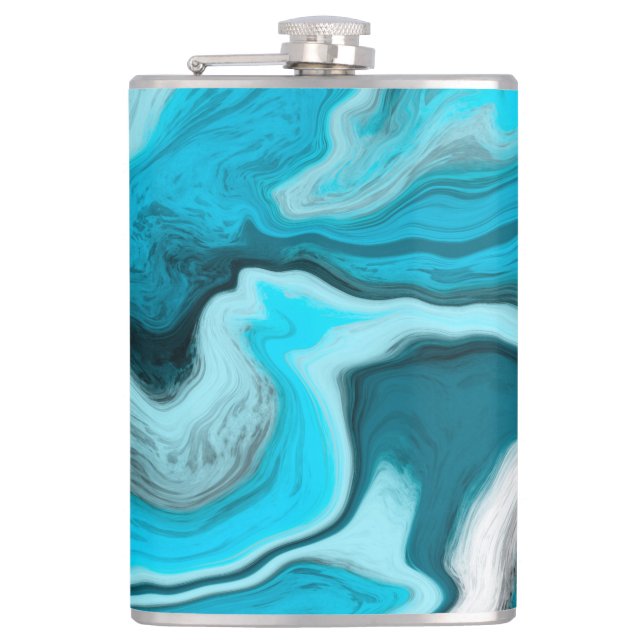 Blue, Black and White Marble Fluid Art  Flask (Front)