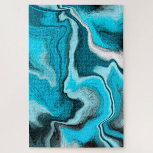 Blue, Black and White Marble Fluid Art Jigsaw Puzzle