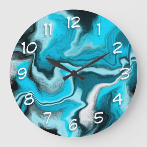 Blue Black and White Marble Fluid Art  Large Clock