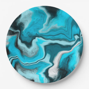 Blue, Black and White Marble Fluid Art Paper Plates