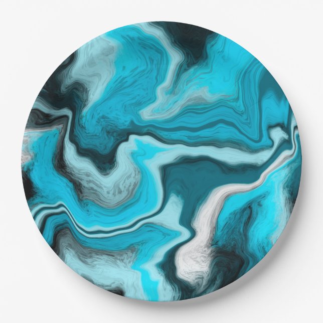 Blue, Black and White Marble Fluid Art     Paper Plates (Front)