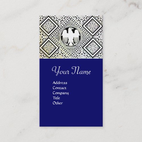 BLUE BLACK AND WHITE ROMAN EAGLE DAMASK MOTIFS BUSINESS CARD