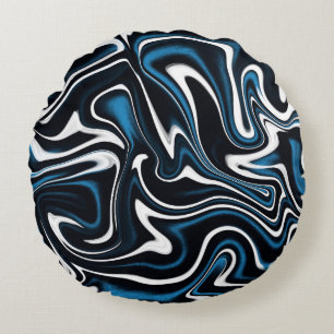 Blue, Black and White Swirls Round Pillow