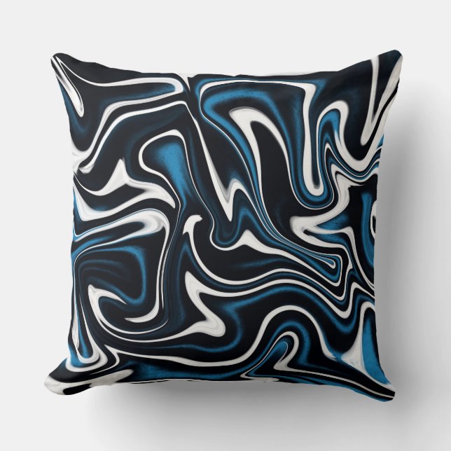 Blue, Black and White Swirls Throw Pillow (Front)