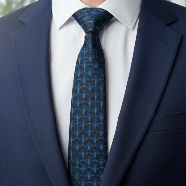 Blue Black Art Deco Pattern Neck Tie (Creator Uploaded)